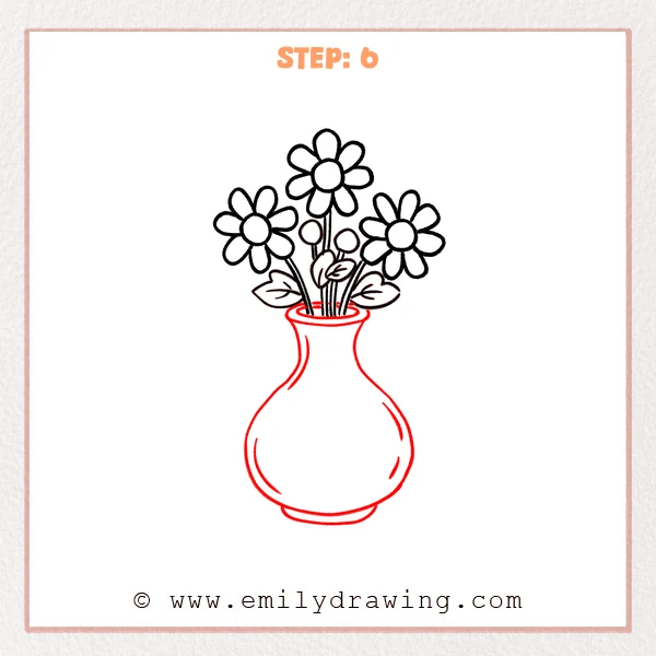 how to draw a flower vase - Step 6 of how to draw a flower vase: an oval rim and a curvy vase body are added beneath the bouquet, creating a complete flower vase outline.